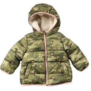 Baby Gap Cozy Soft Puffer Coat 2 yrs 2T Green Pink Camo Star Print Sherpa Lined